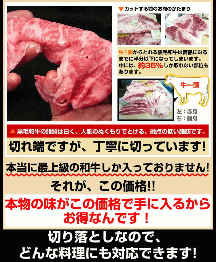 牛1頭から取れる黒毛和牛は商品になるまでに半分以下になってしまいます。中には35％しか取れない部位もあります。カットする際に出た本当に最上級の和牛しか入っておりません。だから本物の味がこの価格で手に入るのです。